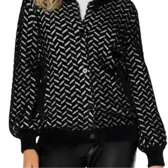 LIVERPOOL Fuzzy Black White Herringbone Balloon Sleeve Knit Cardigan Size Small - Picture 1 of 7